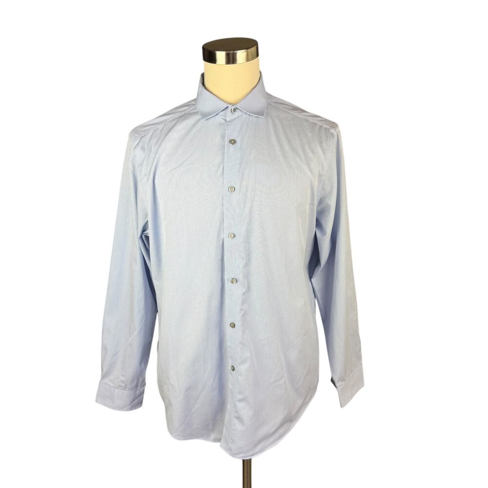 Calvin Klein Slim Fit Dress Shirt 17.5 34/35 Blue Stripe Non-Iron Cotton Mens